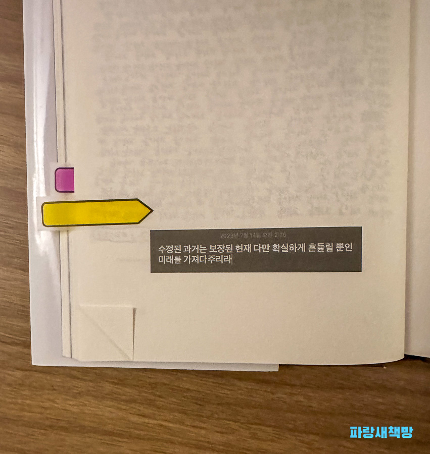 “수정된 과거는 보장된 현재 다만 확실하게 흔들릴 뿐인 미래를 가져다주리라”라는 문장이 강조된 페이지