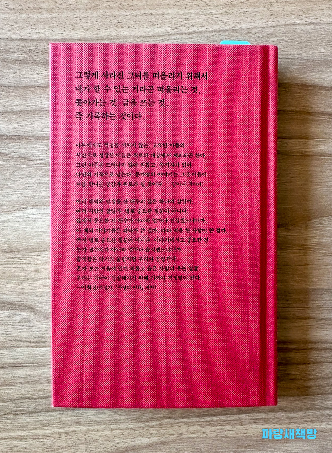 문가영 산문집 『파타』의 뒷표지에 인쇄된 작가의 메시지와 책 소개 문구