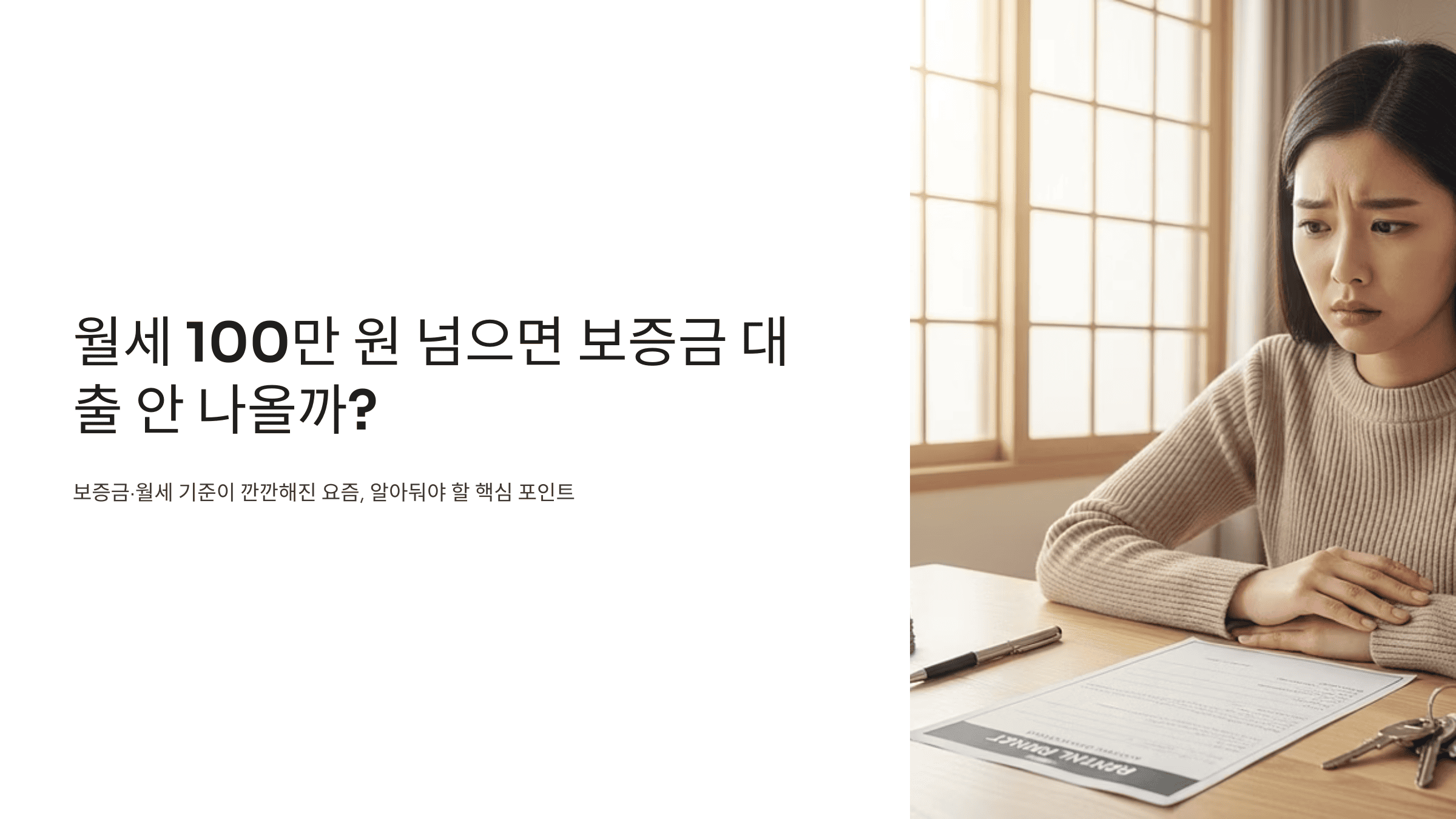 전월세 계약서 앞에서 걱정스러운 표정을 짓고 있는 여성