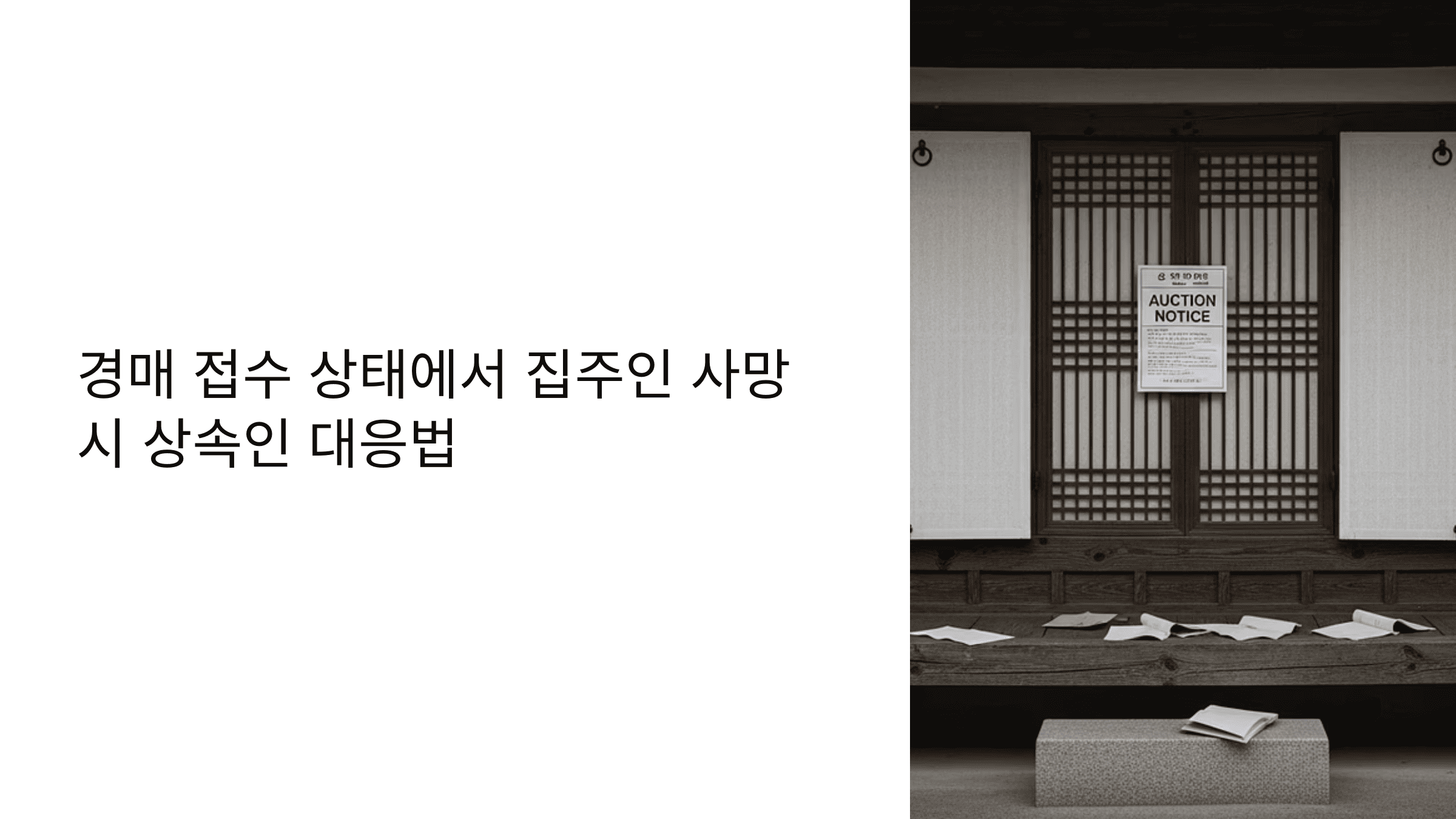 전통 가옥 대문에 붙은 경매 고지서와 흩어진 서류
