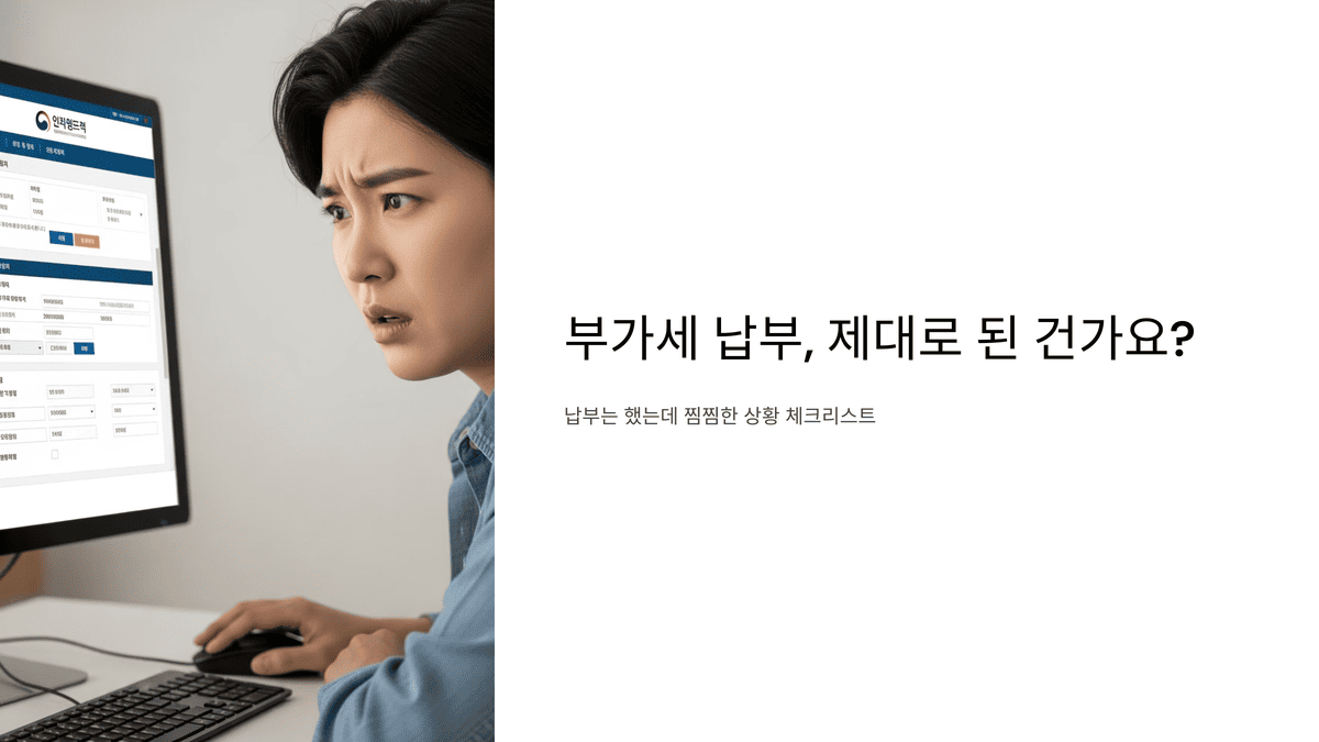 납부 완료 후 홈택스를 확인하며 걱정하는 여성의 모습