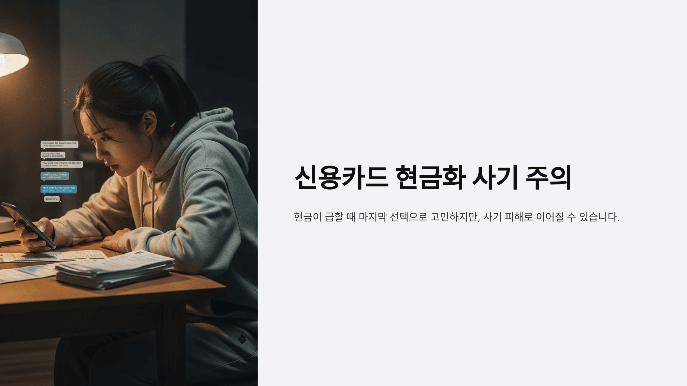 휴대폰 메시지를 집중해서 확인하는 여성, 책상 위에 서류와 영수증이 놓여 있음