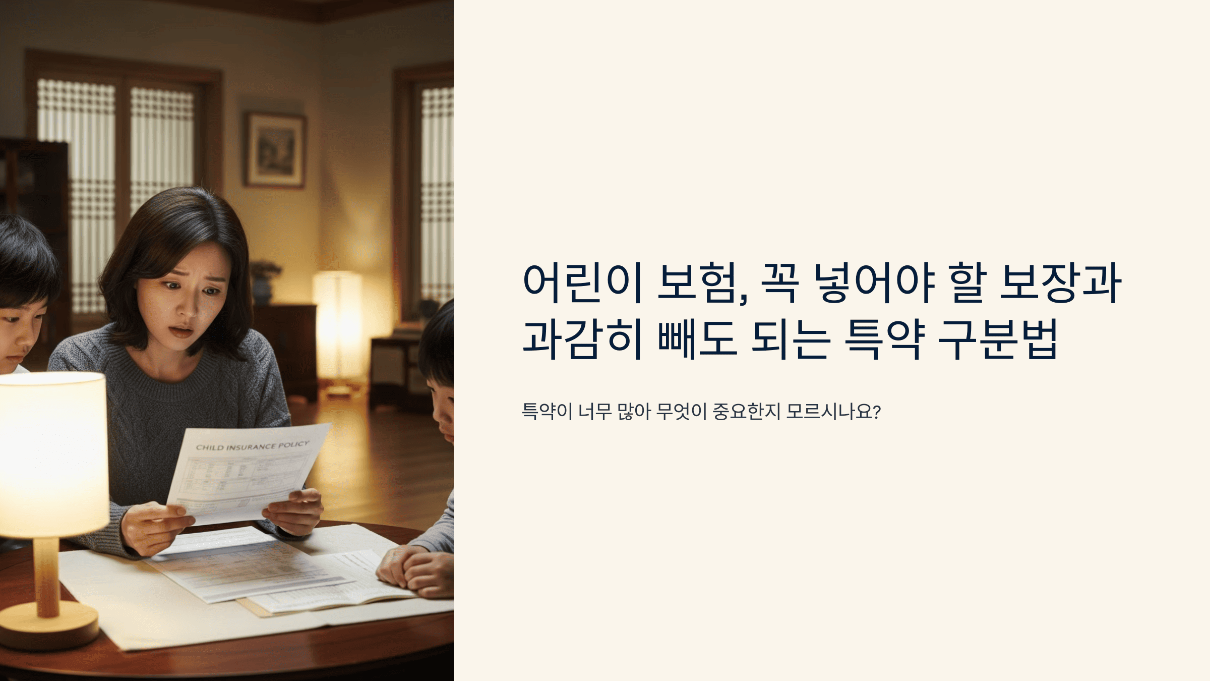 어린이 보험 설계서를 보는 엄마와 아이들 모습