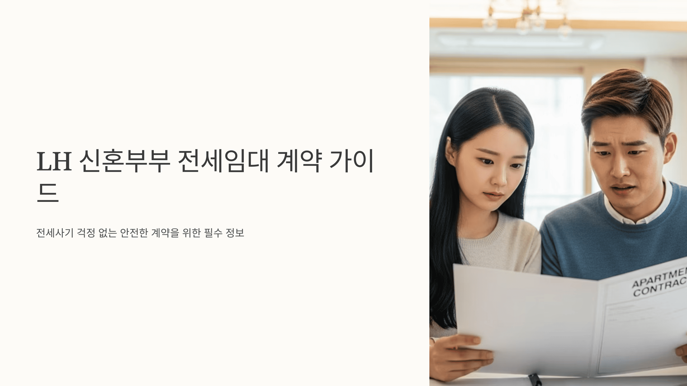 계약서를 걱정스럽게 바라보는 신혼부부와 LH 전세임대 계약 안내 문구