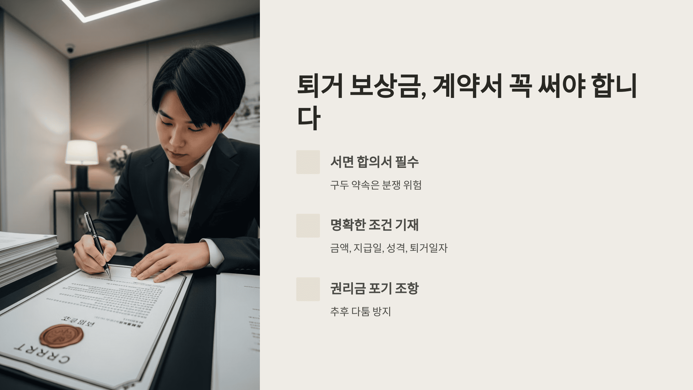 퇴거 보상금 계약서를 작성 중인 정장 차림 남성