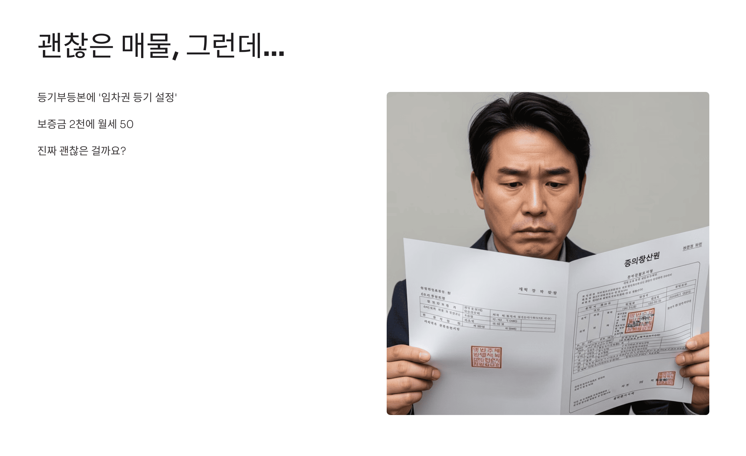 등기부등본을 들고 걱정스러운 표정으로 바라보는 남성