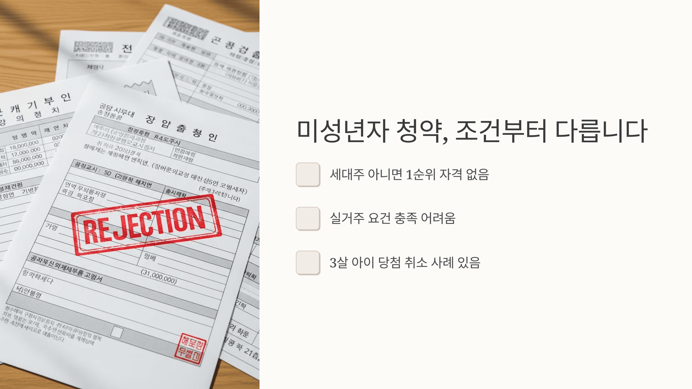 청약 신청서에 빨간색 'REJECTION' 거절 도장이 찍힌 서류들