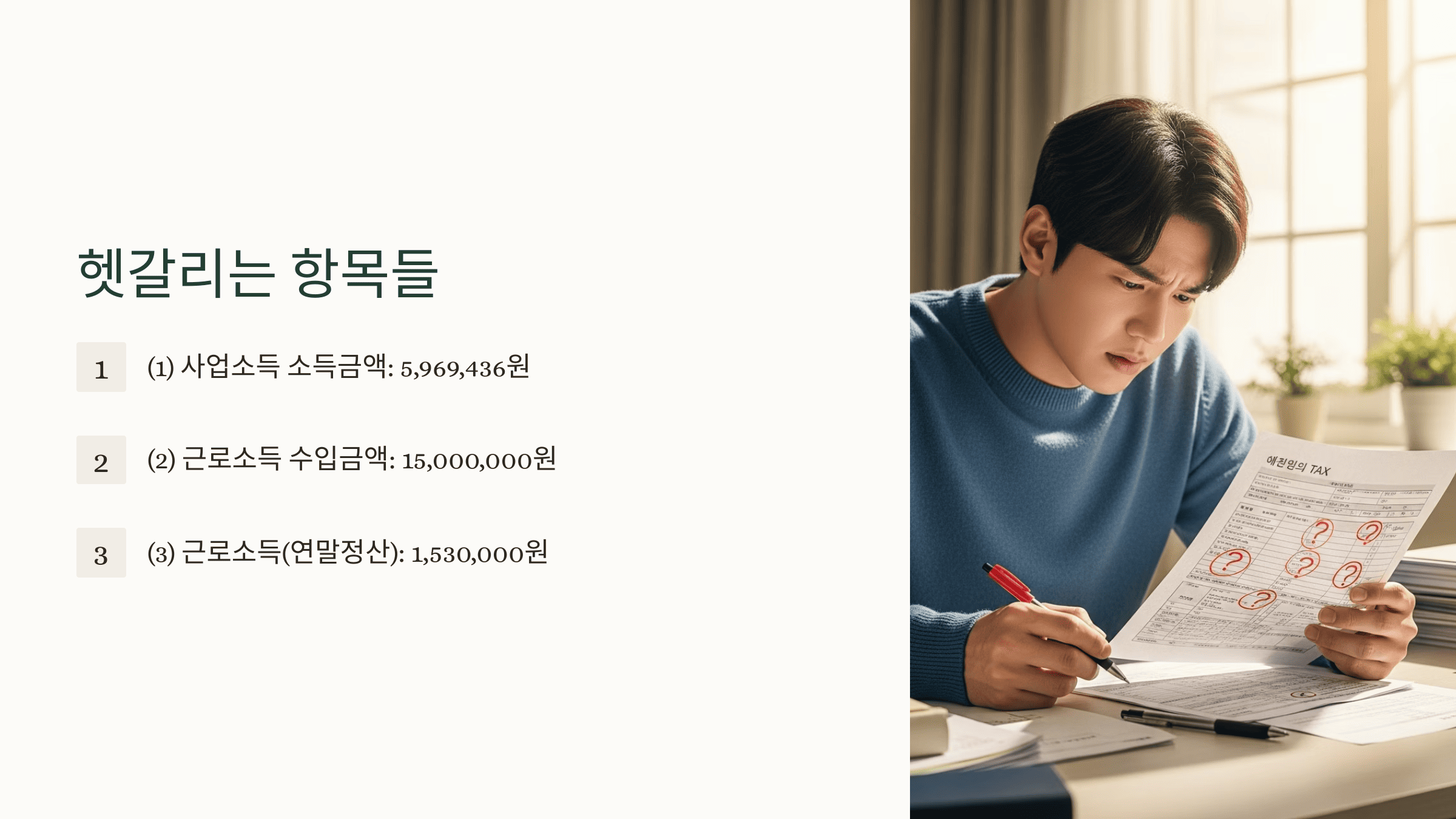 증명서를 보며 고민하는 남성, 다양한 항목에 빨간 표시가 된 서류