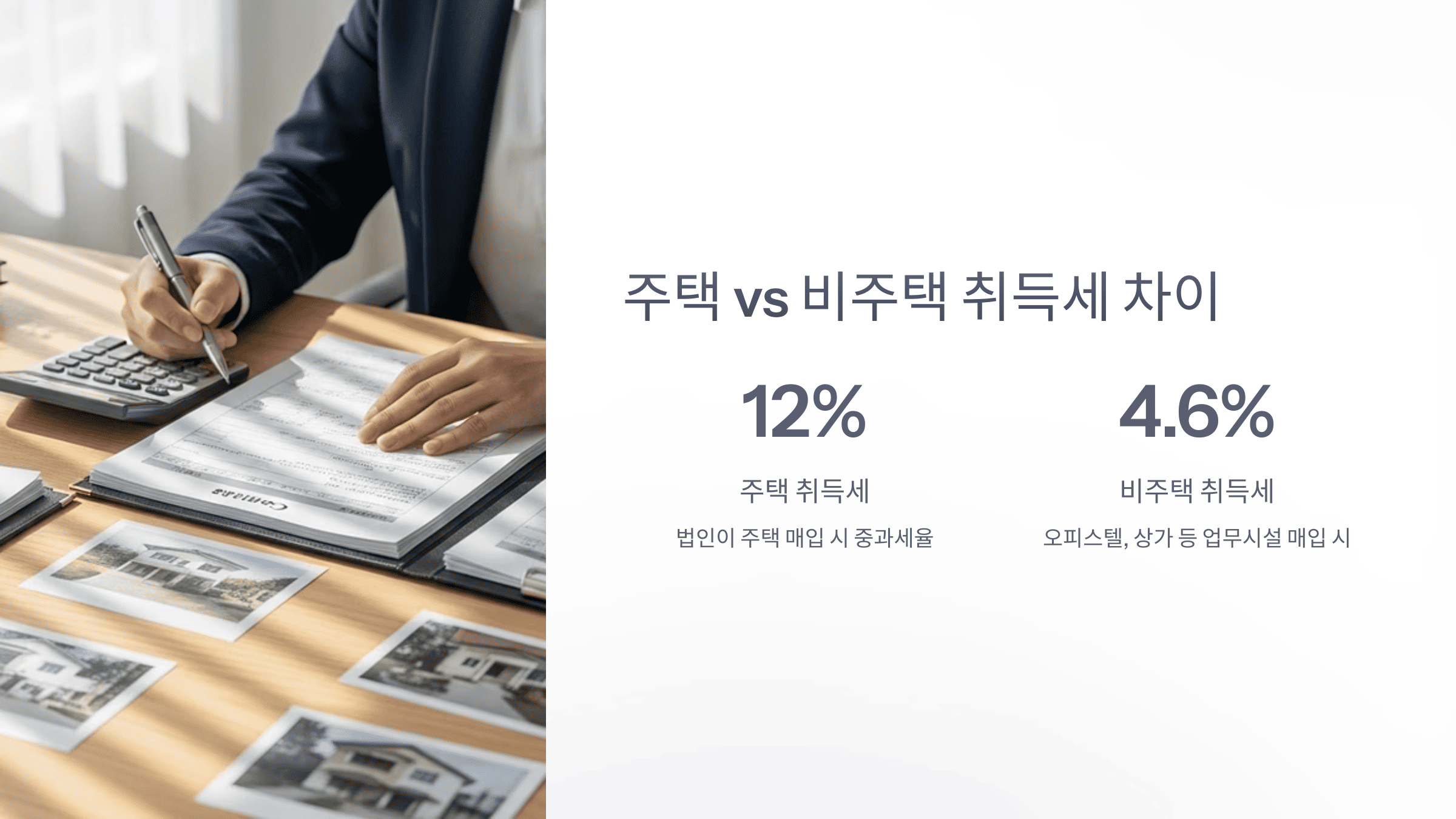 책상 위에 부동산 자료를 보며 계산기 두드리는 남성의 손