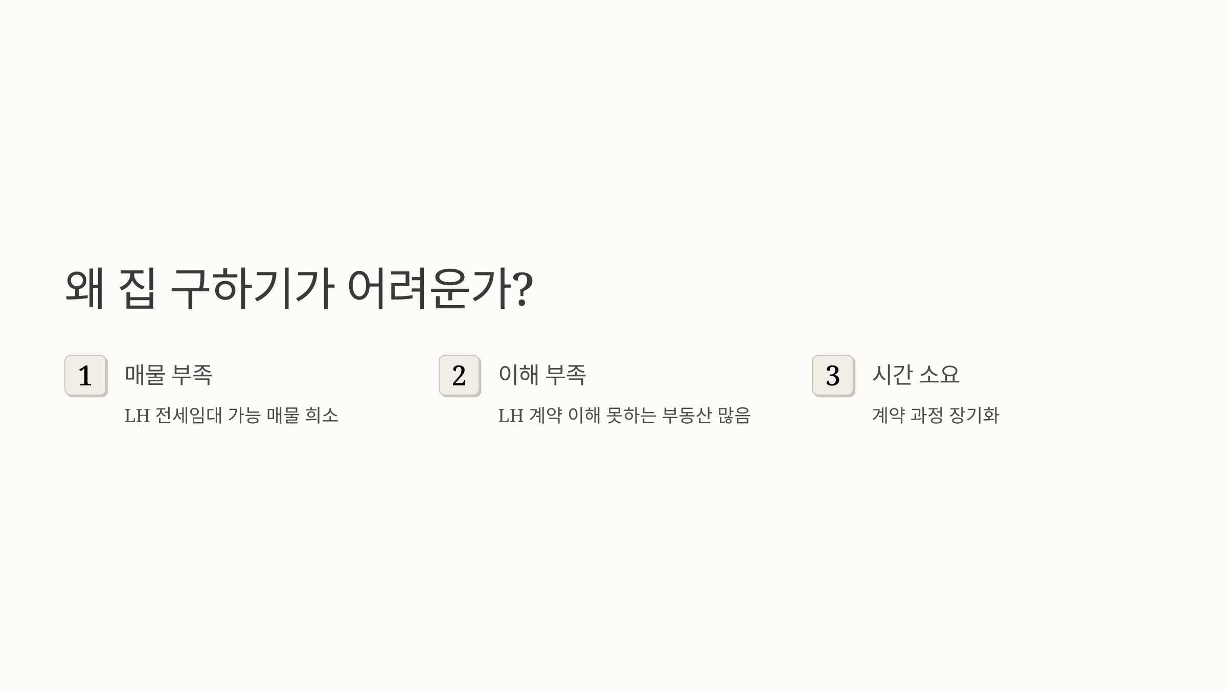 전세임대 매물 부족, 계약 이해 부족, 시간 소요 등의 이유를 설명하는 구조도