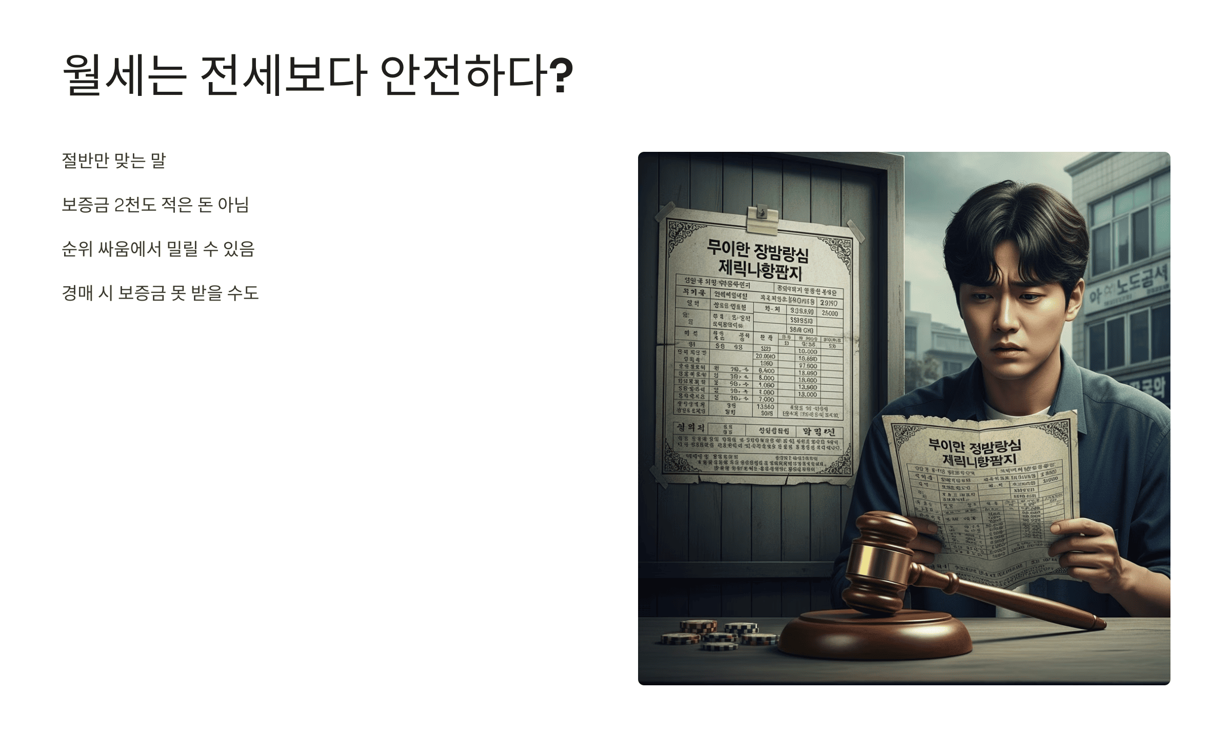 경매 공고 앞에서 불안한 얼굴로 서 있는 남성과 정리된 표