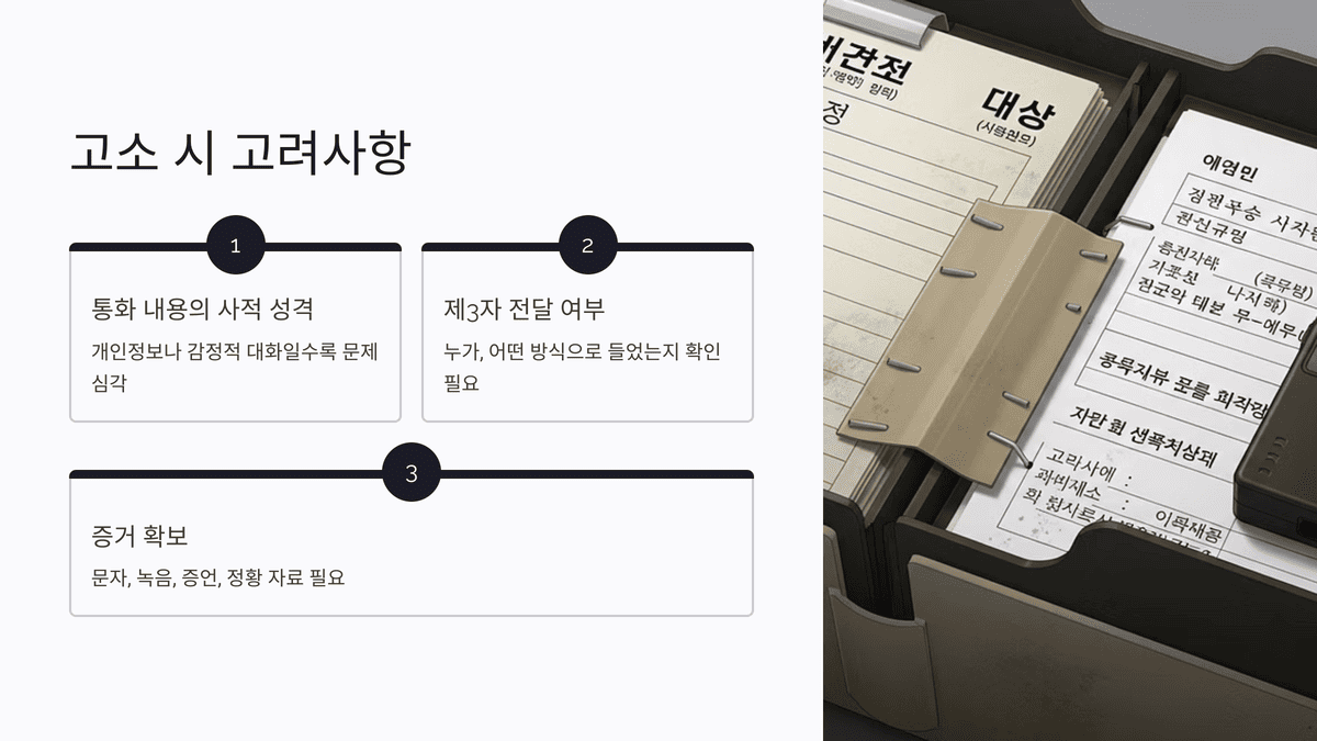 법률 고소 대상과 관련된 문서들이 정리된 폴더와 함께 고소 시 고려사항이 안내된 이미지