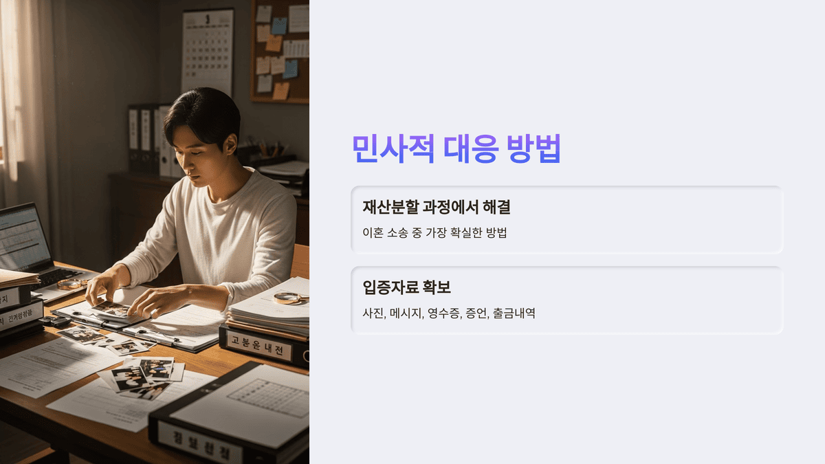 책상 위에서 사진과 서류를 정리 중인 남성