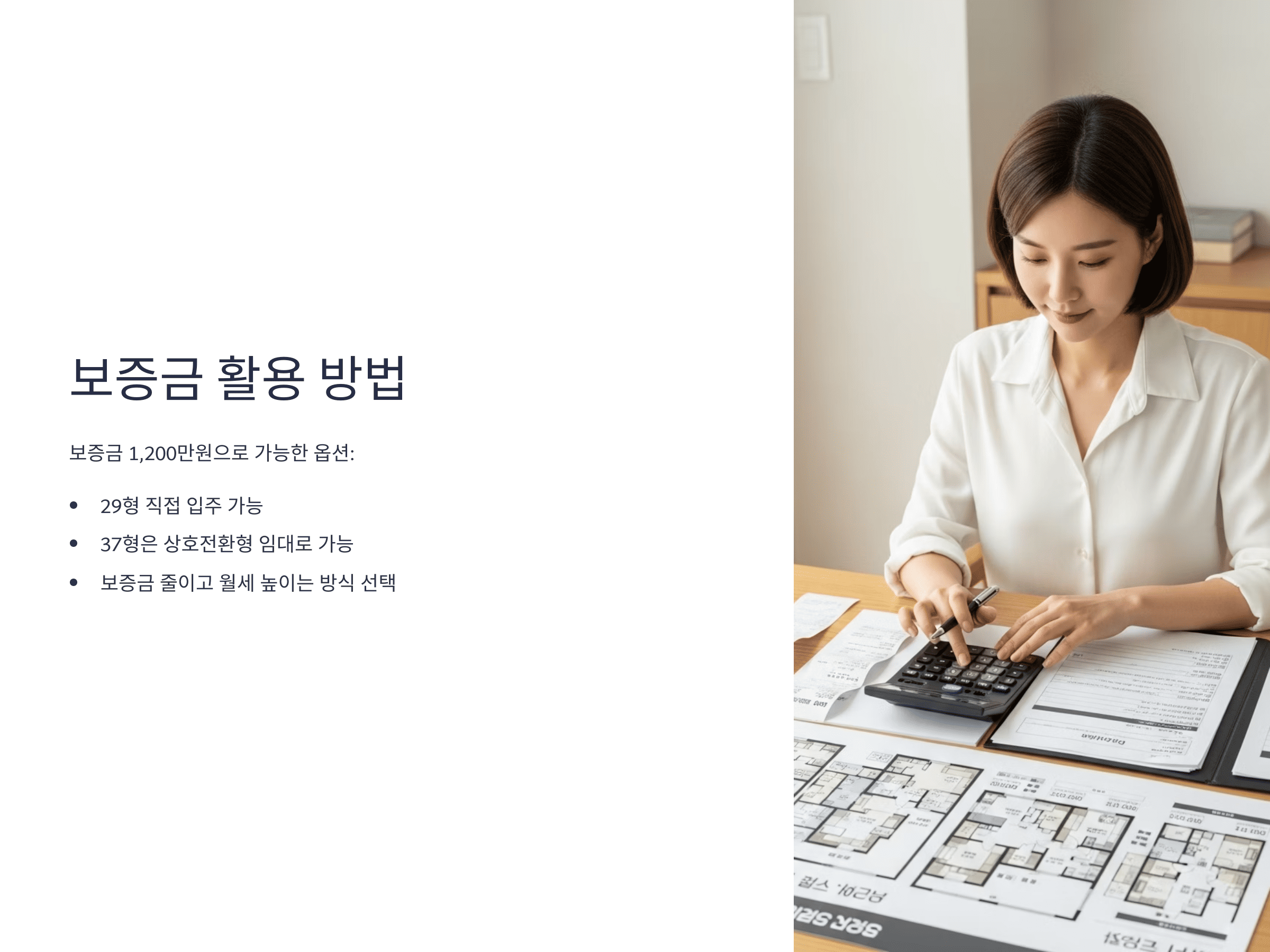 여성 입주자가 계산기로 보증금 계산 중인 모습