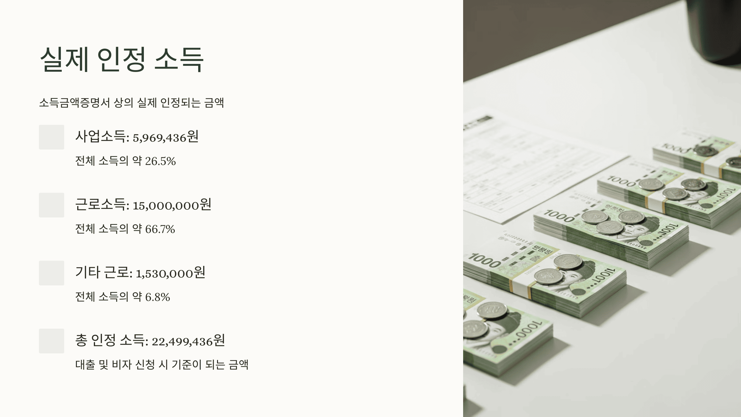 실제 인정되는 사업소득, 근로소득, 기타소득 금액과 비중을 시각화