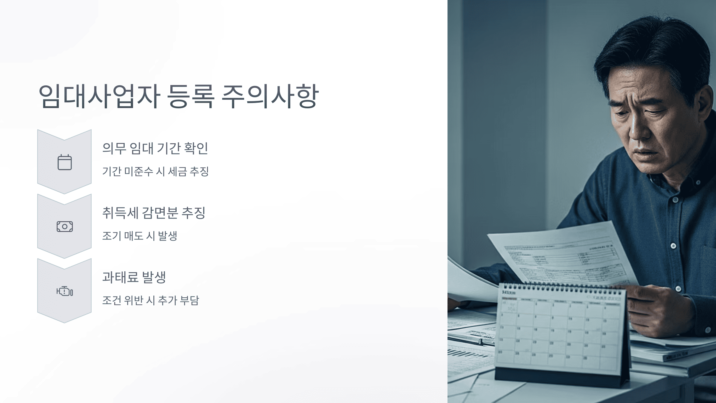 근심스러운 표정으로 서류와 달력을 보고 있는 중년 남성