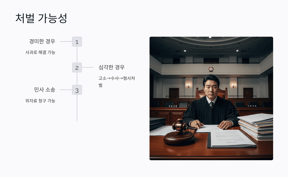 법정에 앉아 있는 판사와 함께 통화 중계 관련 처벌 가능성 흐름도