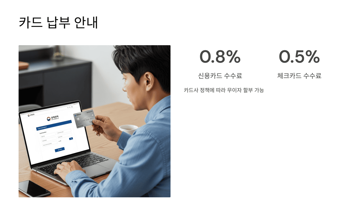 신용카드 및 체크카드 납부 수수료 정보와 카드로 납부하는 남성의 모습
