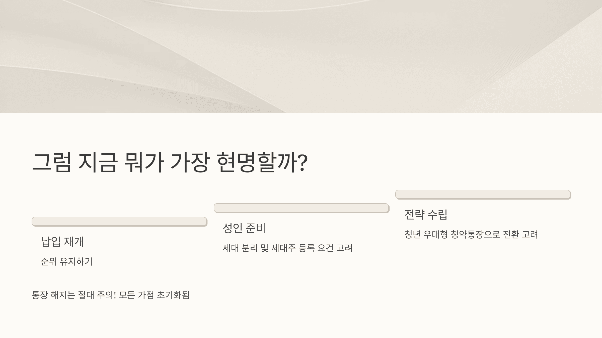 납입 재개, 성인 준비, 전략 수립이라는 청약 준비 요소를 정리한 그래픽