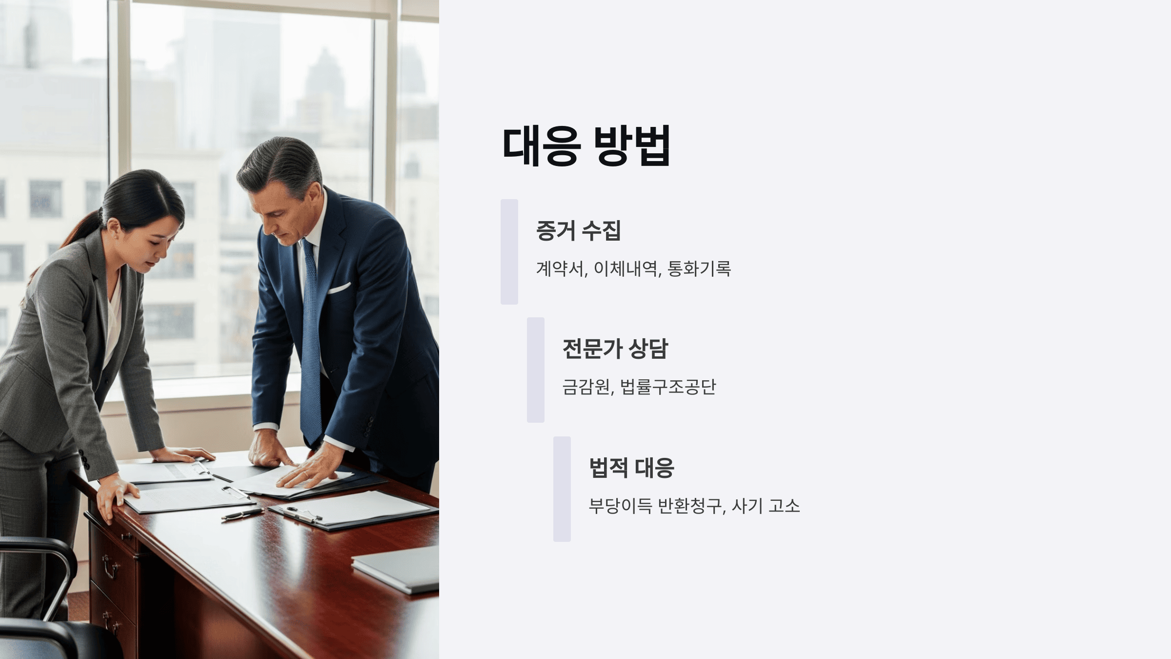 양복을 입은 전문가와 여성이 서류를 보며 상담하는 모습, 옆에는 대응 방법 항목이 정리돼 있음