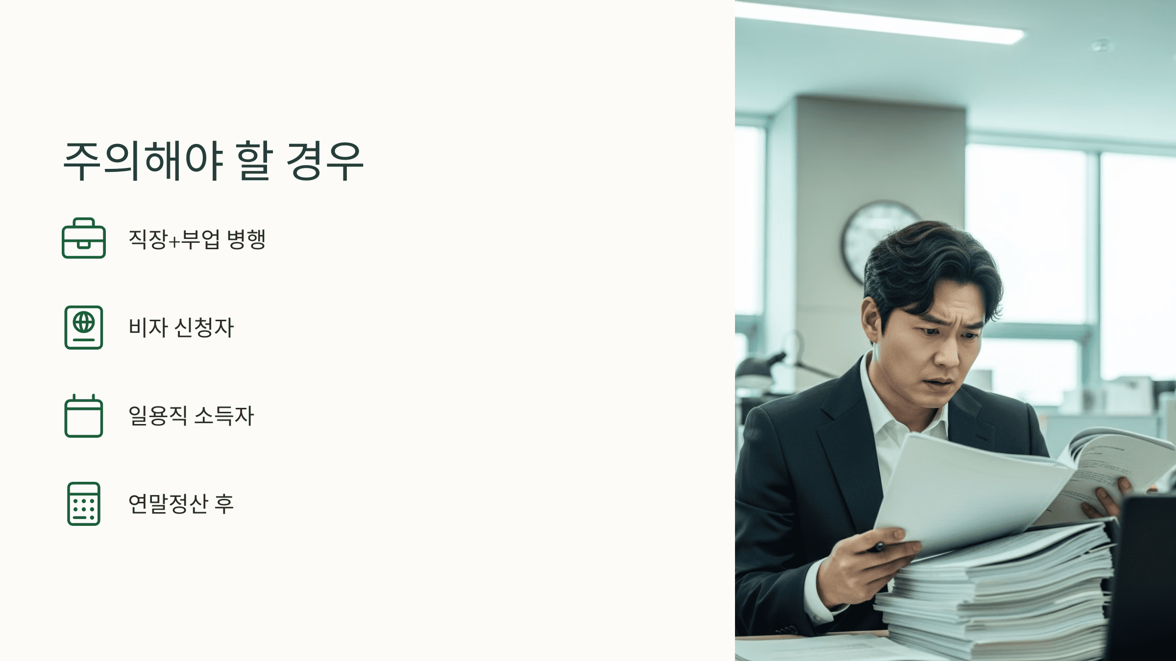 책상에 쌓인 서류를 보며 당황한 표정의 중년 남성