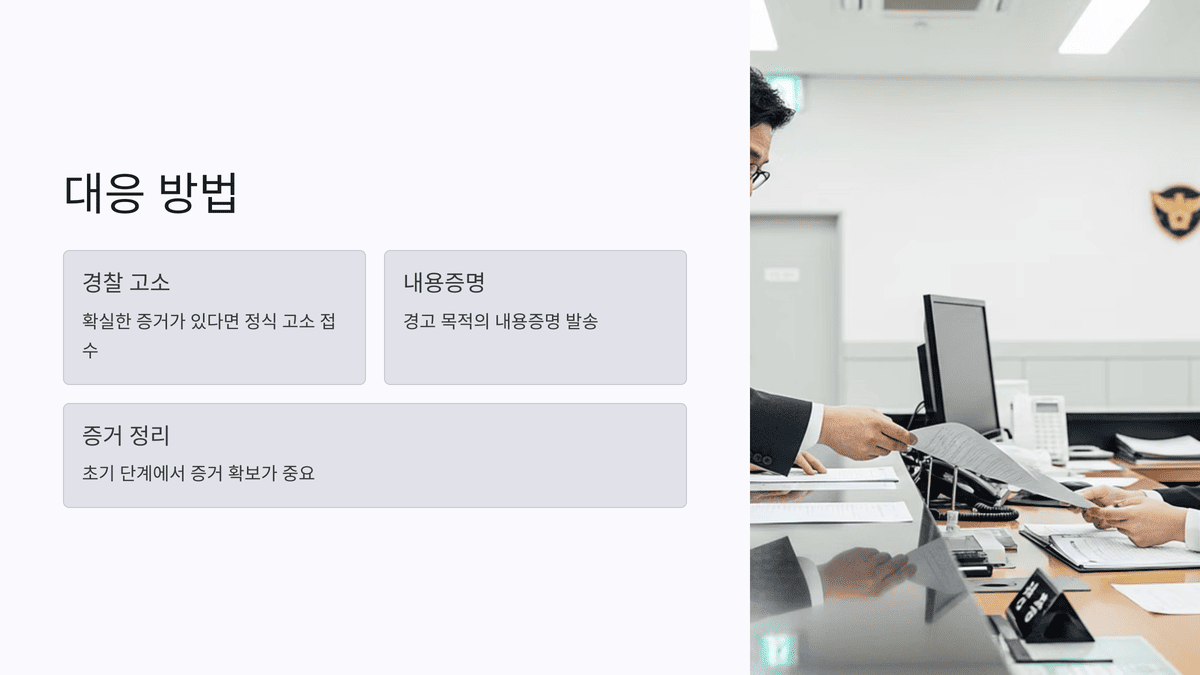 경찰 민원실에서 서류를 전달하는 장면과 함께 고소, 내용증명, 증거정리 항목이 나열된 이미지