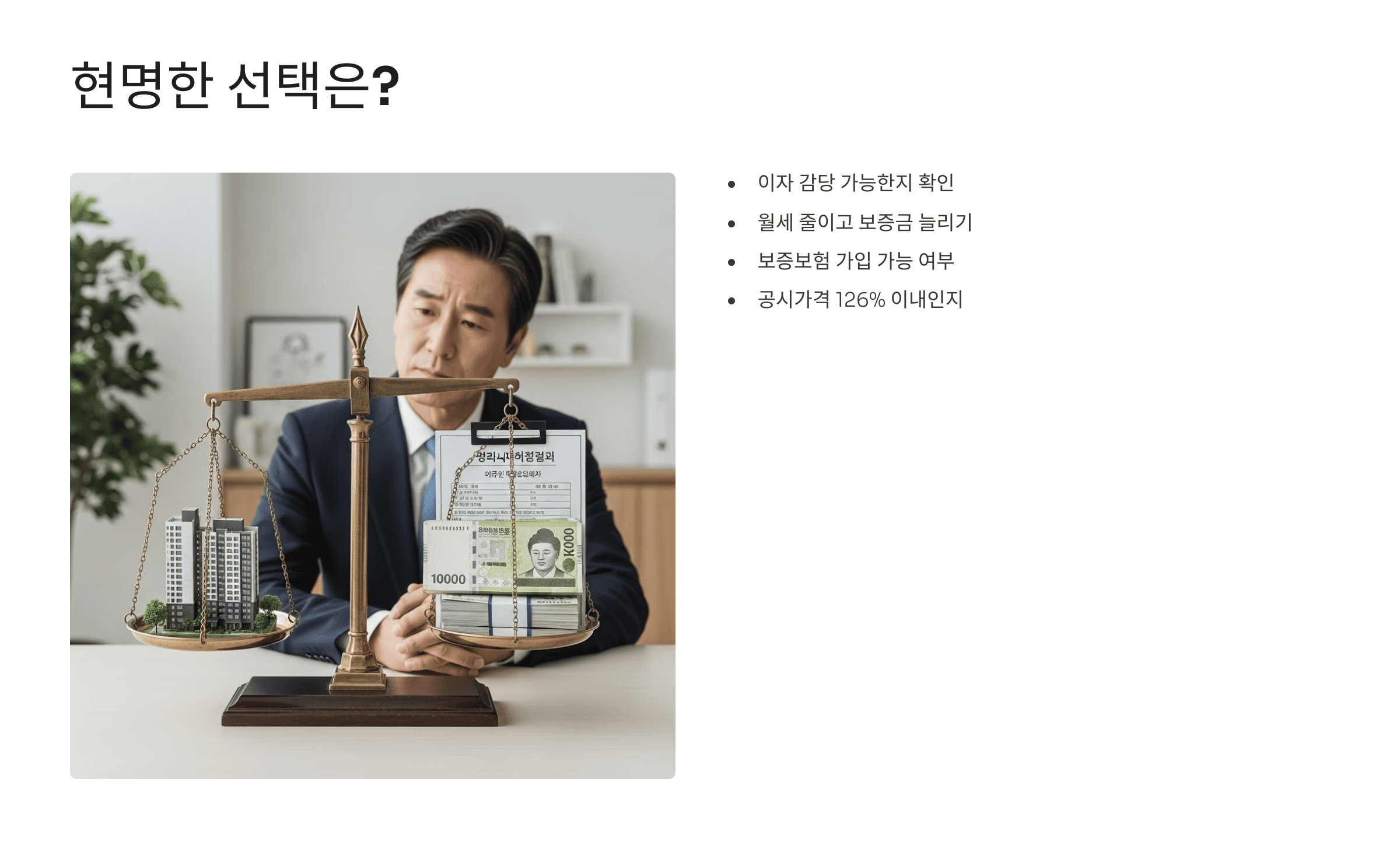 저울에 건물과 돈을 올려놓고 고민하는 중년 남성