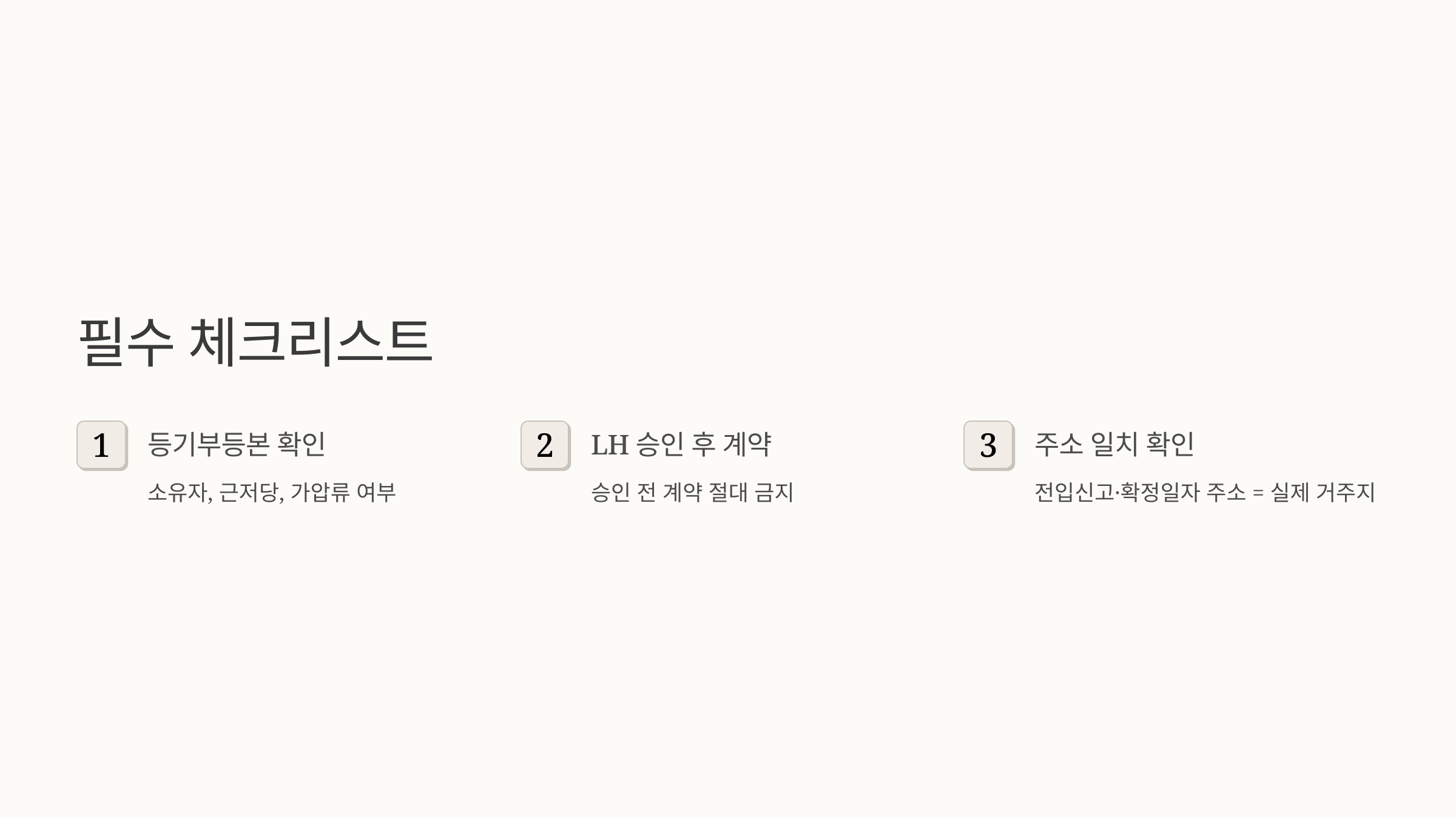 등기부등본 확인, LH 승인 후 계약, 주소 일치 여부를 강조한 체크리스트