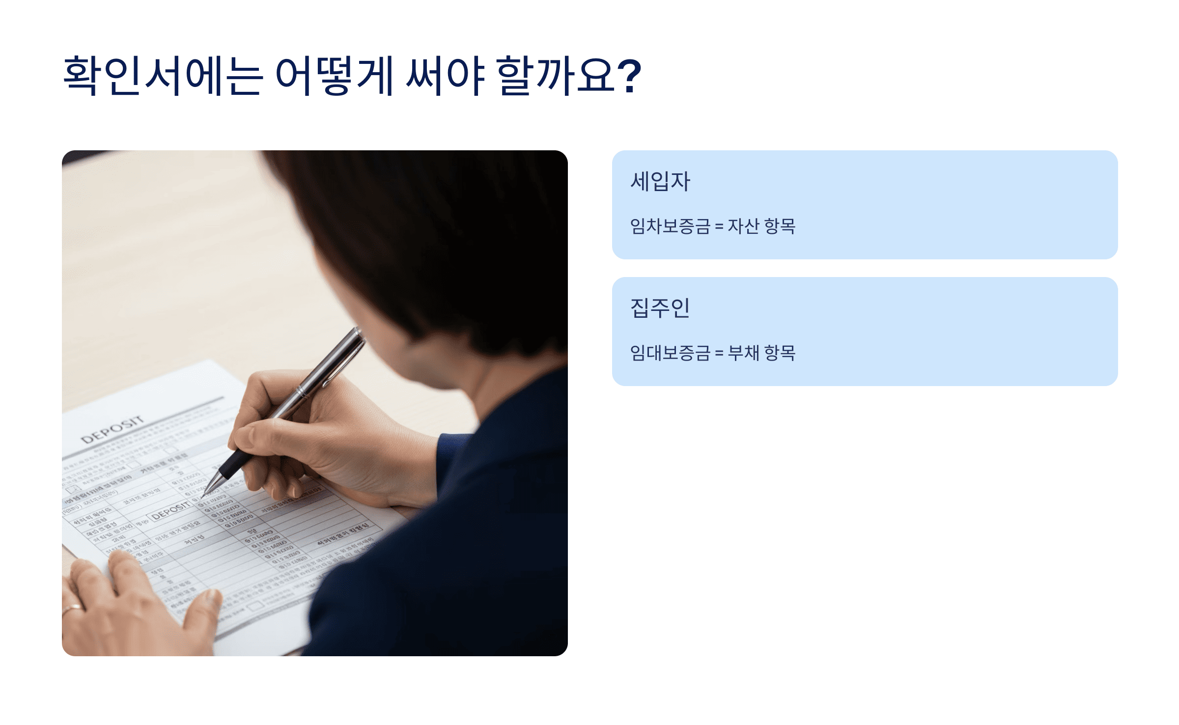 확인서를 작성 중인 중년 남성의 모습과 자산/부채 항목 구분