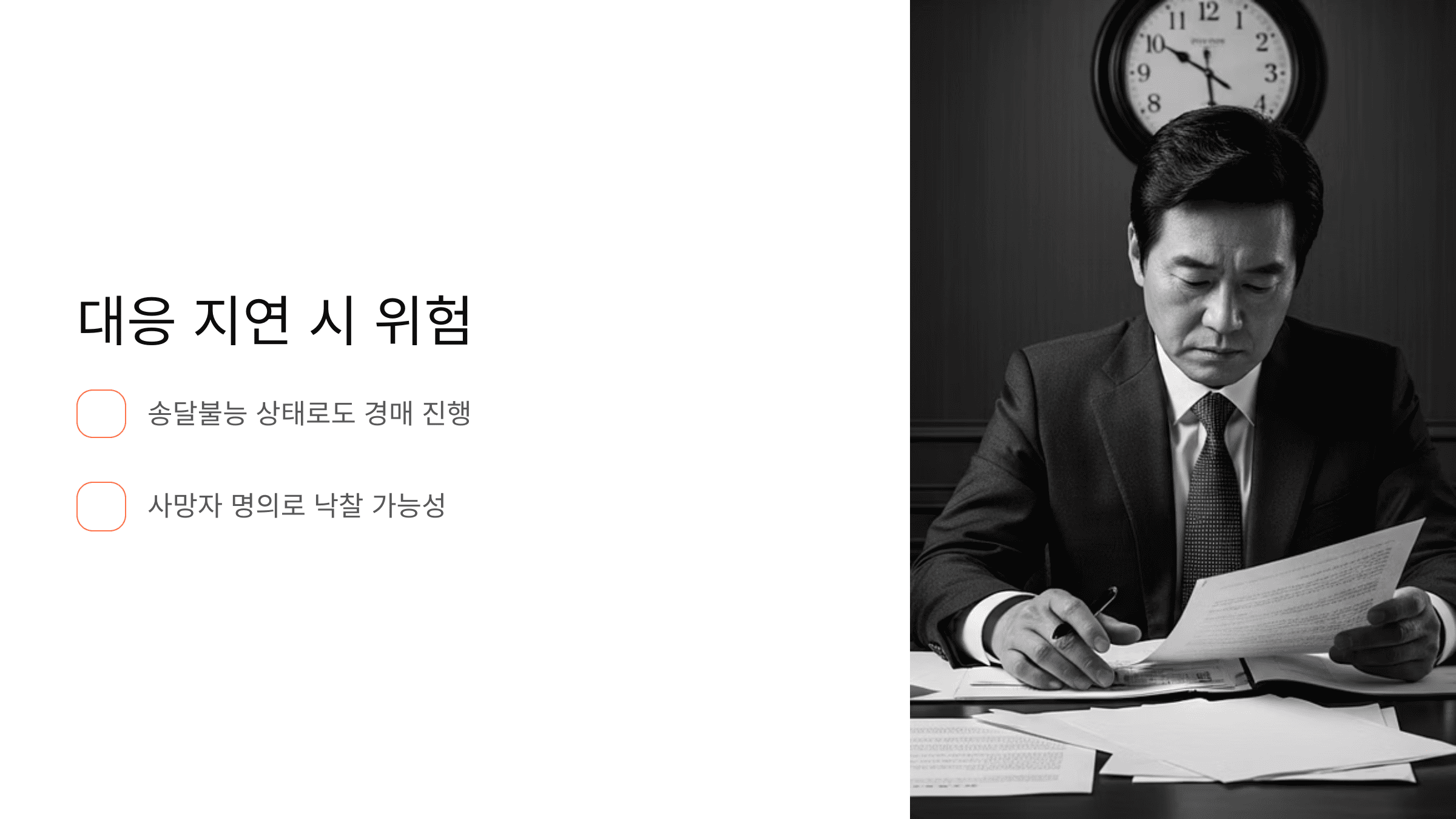 책상 위에서 서류를 들고 고민하는 중년 남성