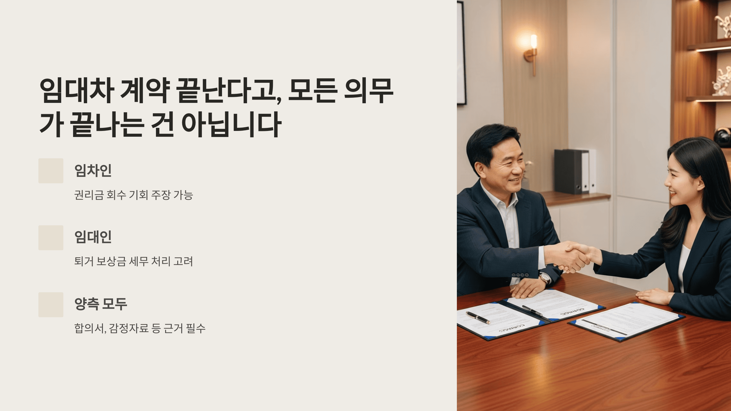 계약서 앞에서 악수하는 임대인과 임차인
