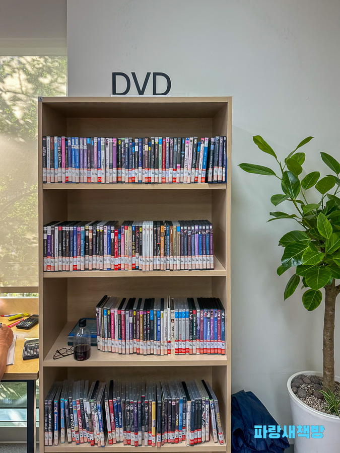 고양아람누리도서관 DVD 코너에 다양한 영화 DVD가 진열돼 있는 책장 모습