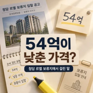 보류지 입찰 공고와 54억 가격 메모를 형광펜으로 표시한 본문 상단 이미지