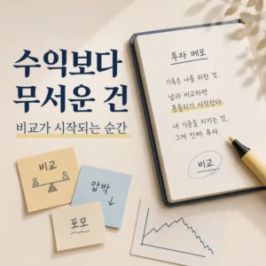 수익보다 무서운 건 비교가 시작되는 순간이라는 메시지를 담은 투자 메모 이미지