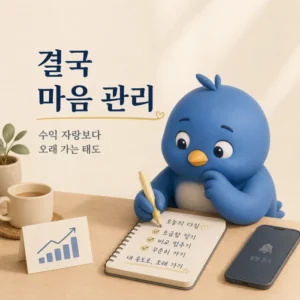 파랑새 캐릭터가 투자 일기를 쓰며 마음 관리를 정리하는 이미지