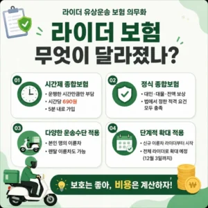 라이더 유상운송 보험 의무화 이후 시간제 종합보험, 정식 종합보험, 운송수단 적용, 단계적 확대 내용을 네 개의 카드로 정리한 설명형 인포그래픽