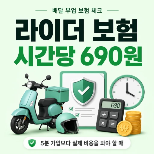 라이더 유상운송 보험 의무를 주제로, 배달 스쿠터와 헬멧, 보험 서류, 계산기, 시계, 동전이 함께 배치된 라이더 보험 시간당 690원 대표 그래픽