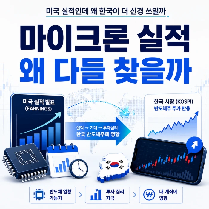 마이크론 실적 발표 한국시간을 주제로 미국 실적 발표가 한국 반도체주와 코스피 흐름에 영향을 주는 구조를 보여주는 금융 그래픽