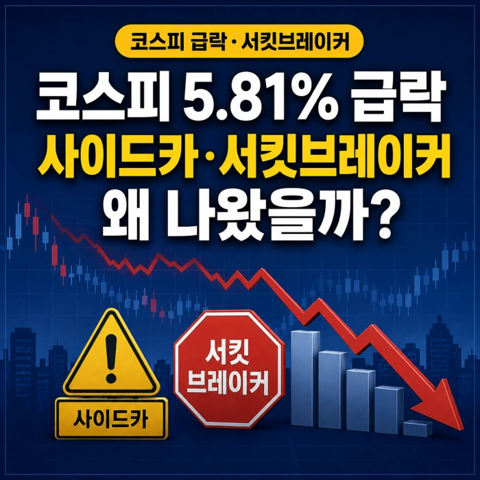 코스피 급락과 사이드카 서킷브레이커 발동을 주제로 하락 차트와 경고 아이콘을 함께 보여주는 금융 그래픽