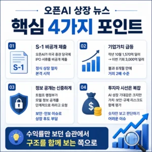 오픈AI 상장 뉴스를 S-1 비공개 제출, 기업가치 변화, 정보 공개 신중함, 투자자 시선으로 나누어 정리한 인스타그램 카드뉴스형 인포그래픽