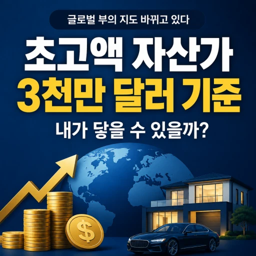 초고액자산가 기준과 3000만 달러 자산가를 주제로, 돈과 집, 자동차, 상승 화살표, 지구본이 함께 배치된 경제 그래픽 대표이미지