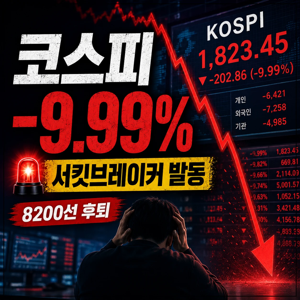 코스피가 9.99% 급락하고 서킷브레이커가 발동된 상황을 붉은 하락 차트와 투자자 모습으로 표현한 대표 이미지