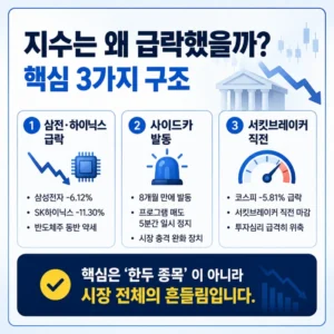코스피 급락 원인을 반도체 쏠림, 사이드카 발동, 서킷브레이커 우려로 나누어 설명하는 인스타그램 카드뉴스형 그래픽
