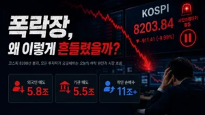 코스피 급락으로 서킷브레이커가 발동되고 외국인과 기관 매도, 개인 순매수가 엇갈린 시장 흐름을 표현한 본문 이미지