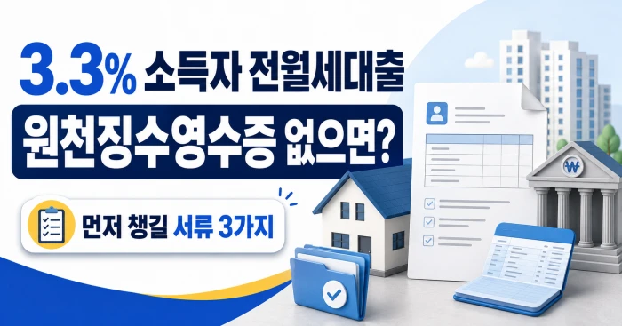 원천징수영수증이 없는 3.3% 소득자가 전월세대출 신청 전에 챙길 서류를 안내하는 가로형 이미지