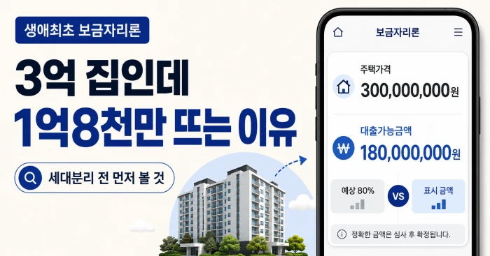 생애최초 보금자리론 신청 시 3억원 집인데 대출가능금액이 1억8천만원으로 표시되는 이유와 세대분리 전 확인할 점을 담은 가로형 이미지