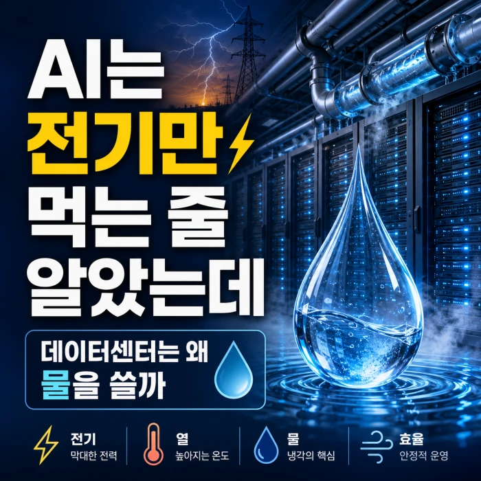 AI 데이터센터 서버실과 물방울, 전력 아이콘이 함께 보이는 이미지