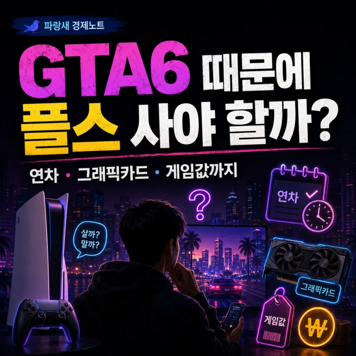GTA6 출시를 앞두고 플스, 그래픽카드, 게임값을 고민하는 소비 반응을 표현한 네온 스타일 대표 이미지