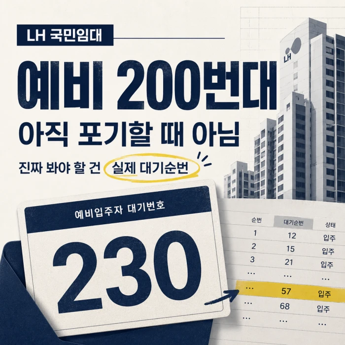 LH 국민임대 예비번호 230번과 실제 대기순번 확인 방법을 보여주는 안내 이미지