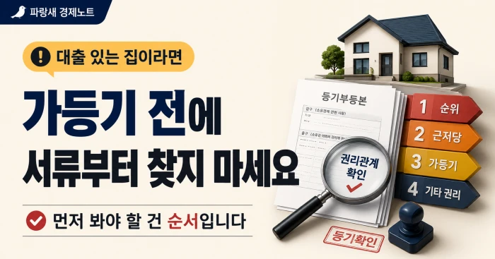 대출 있는 집에서 가등기 전에 서류보다 권리 순서를 먼저 확인해야 한다는 내용의 이미지